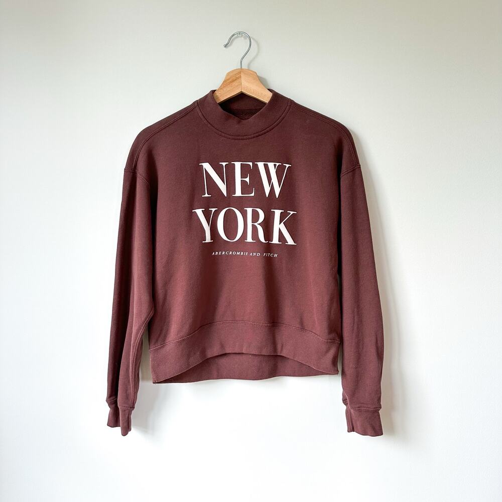 Abercrombie & Fitch New York Crew Neck Pullover Cropped Sweatshirt Brown XS - Picture 2 of 6